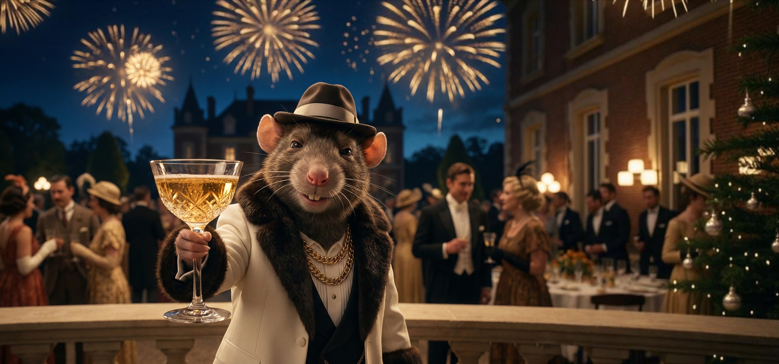 StreetRat in a suit holding champagne at a lavish party with fireworks